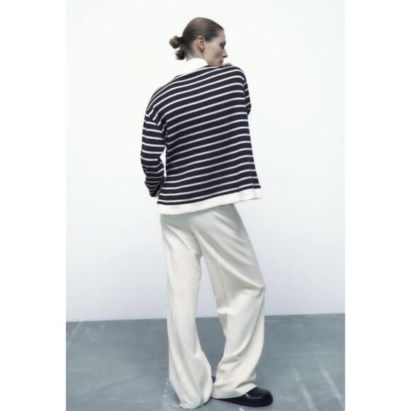 Zara Black White Striped Rib Trim Long Sleeve Mock Neck Pullover Sweater (NWT) - Picture 6 of 10